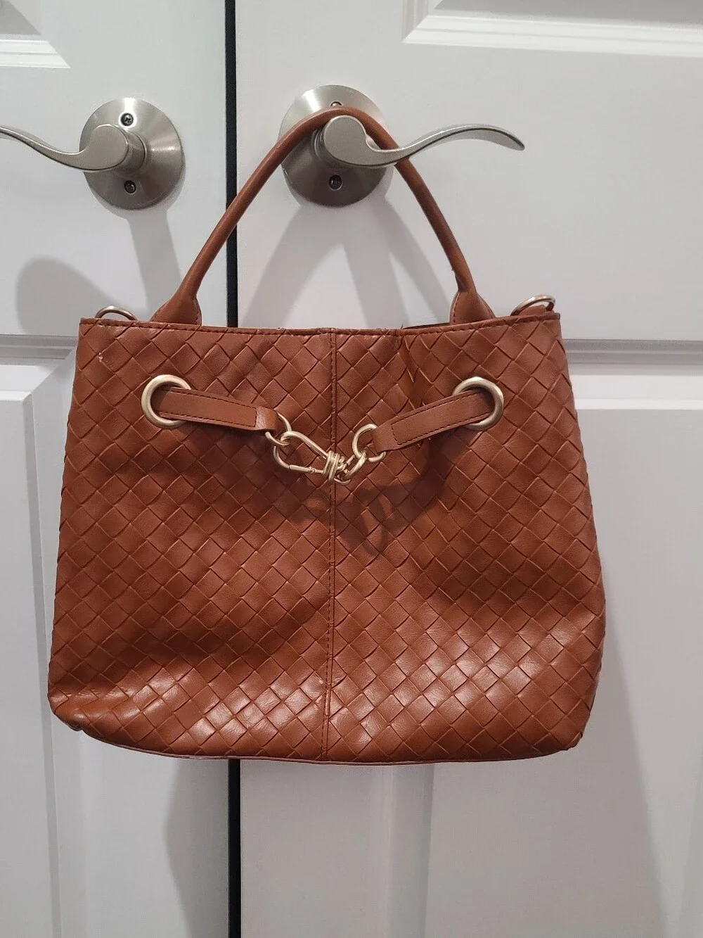 Faux Leather Woven Handbag Brown